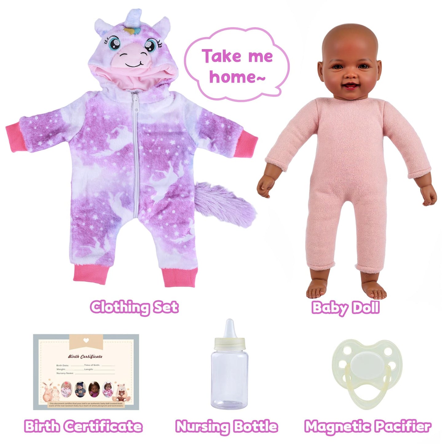 BABESIDE Value 5-Piece Black Baby Doll Set — 15-Inch Lifelike Doll, Outfit, Birth Certificate, Bottle & Magnetic Pacifier
