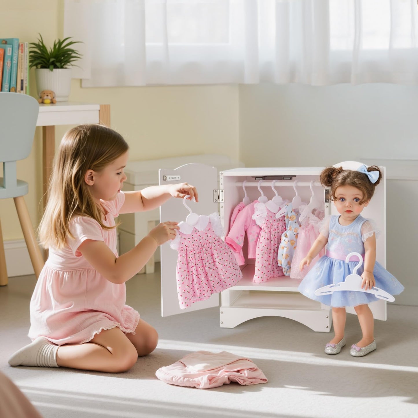 BABESIDE Wooden Doll Closet for 12-16 Inch Dolls | Wardrobe with 10 Hangers