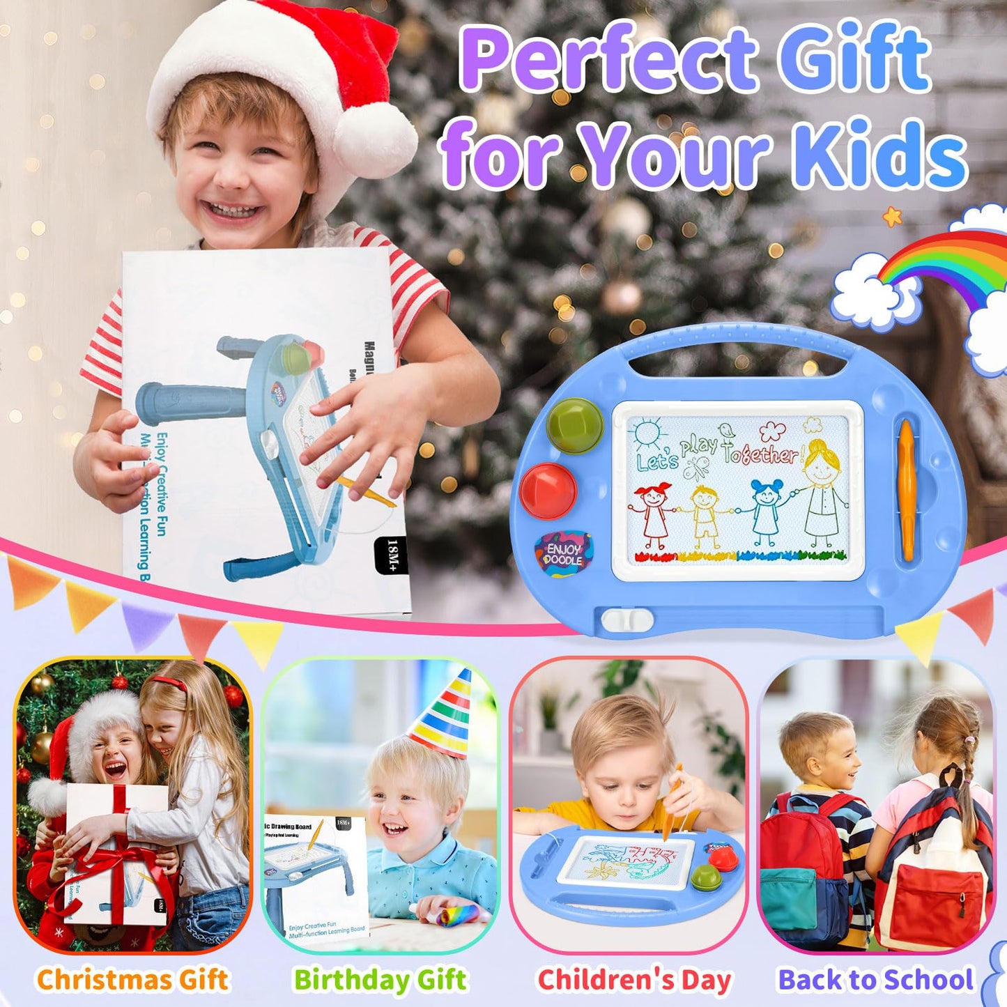 BABLOCVID Magnetic Drawing Board for Toddlers – 4-Color Erasable Doodle Table