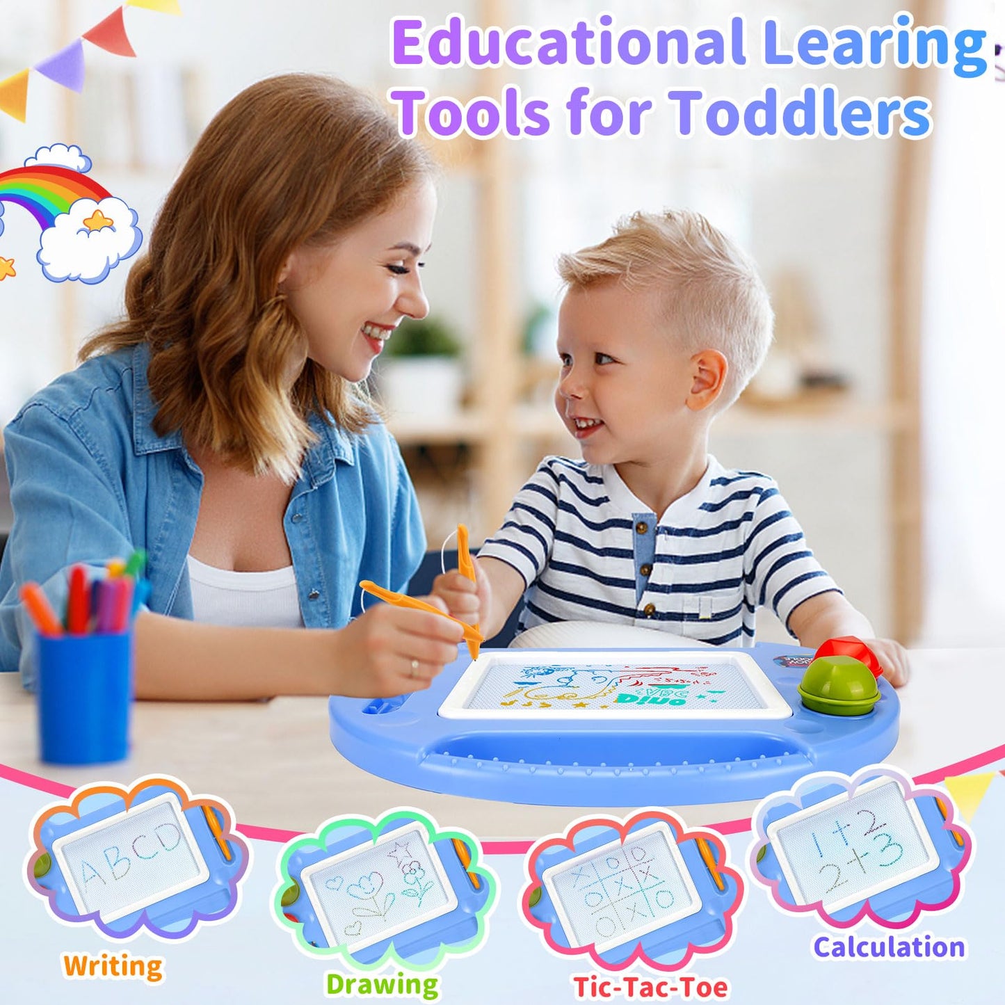 BABLOCVID Magnetic Drawing Board for Toddlers – 4-Color Erasable Doodle Table