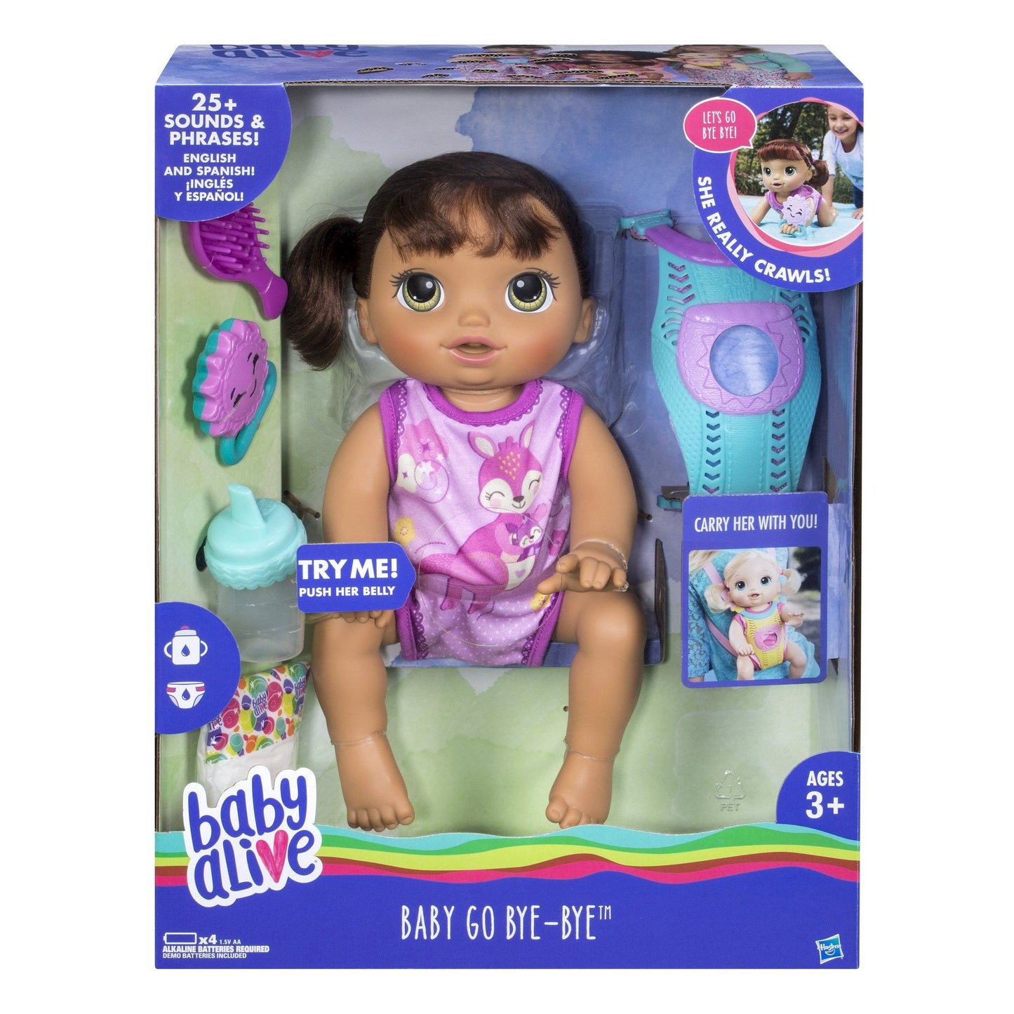 Baby Alive Baby Go Bye Bye Brunette Doll – Crawls, Talks, Feeds, Wets & Carrier