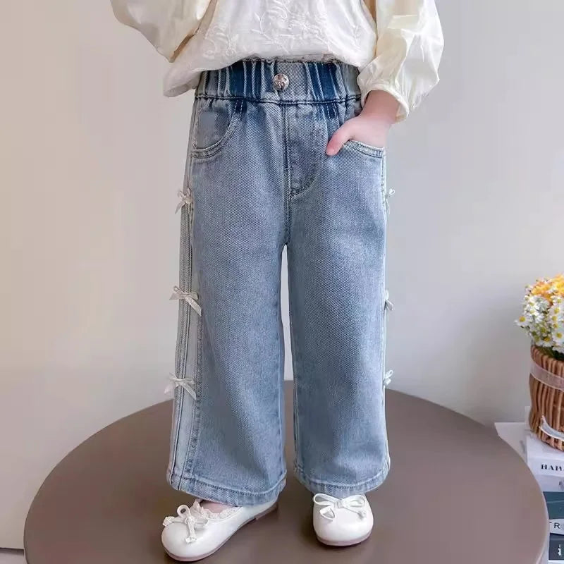 Girls Bow Jeans – 2025 Spring Autumn Loose Denim Trousers with Ribbon Detail