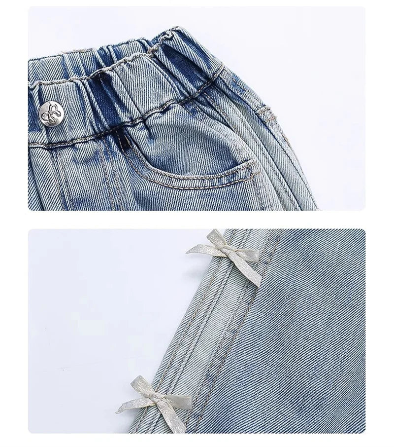 Girls Bow Jeans – 2025 Spring Autumn Loose Denim Trousers with Ribbon Detail