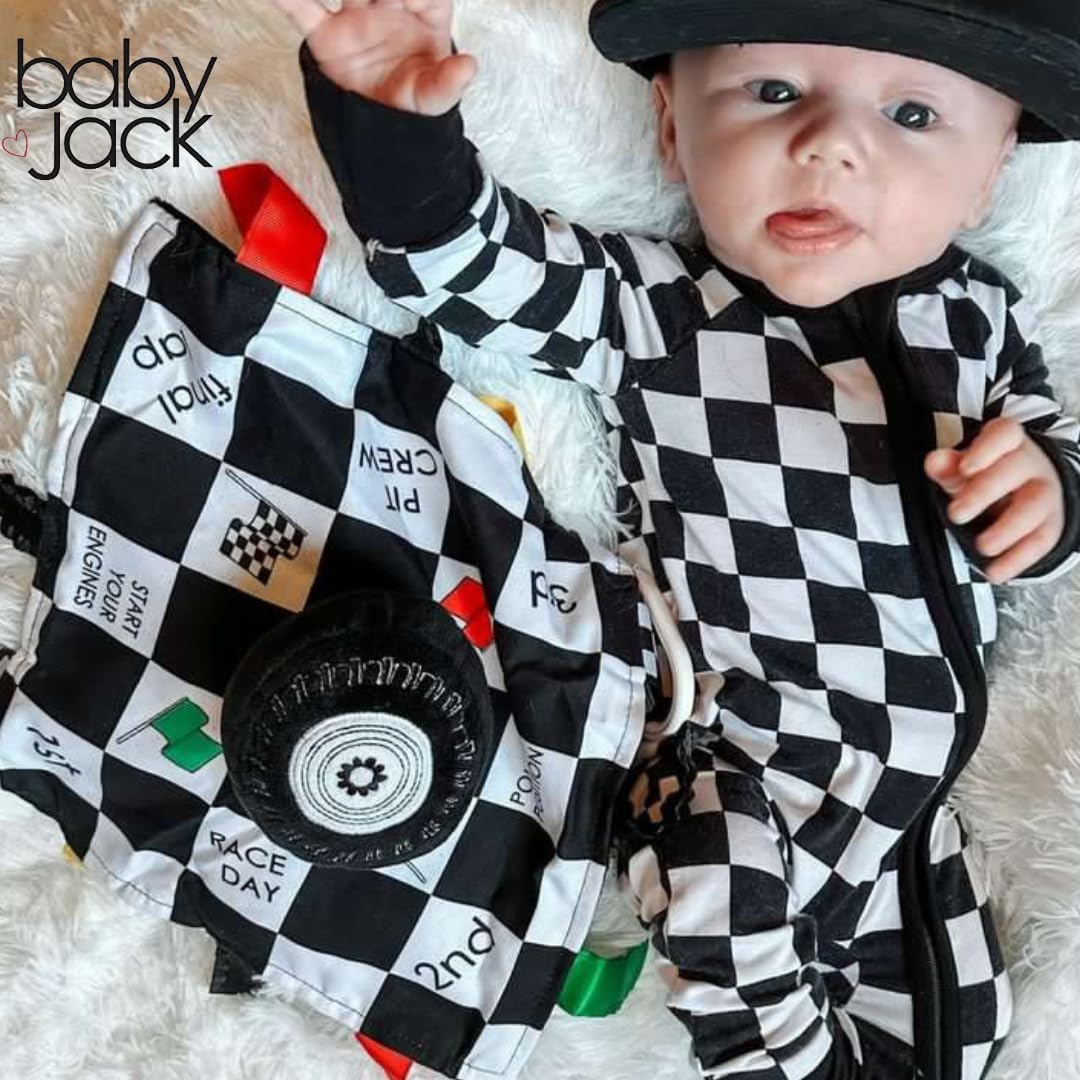 Baby Jack & Co 10x10 Racing Lovey – Sensory Plush with Stroller Clip | Learn Shapes, Letters & Colors