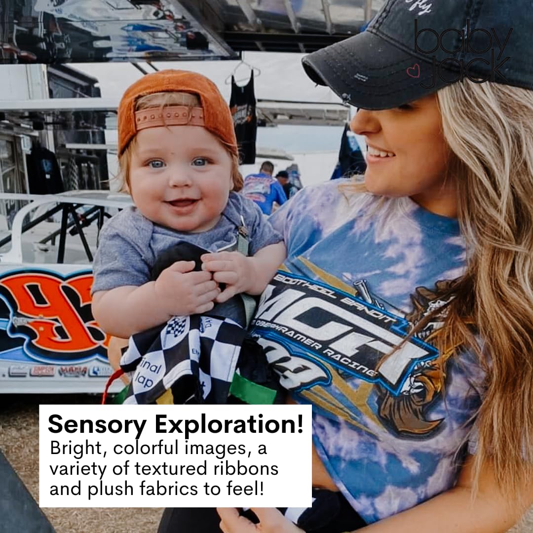 Baby Jack & Co 10x10 Racing Lovey – Sensory Plush with Stroller Clip | Learn Shapes, Letters & Colors