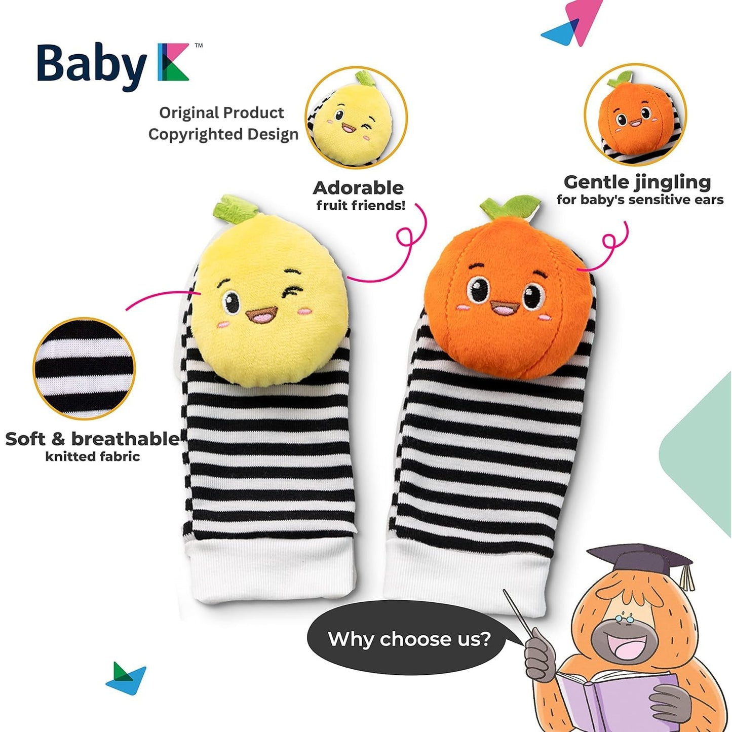 BABY K Baby Rattle Socks & Wrist Toys (Set C) – Newborn Sensory Toys for 0-12 Months
