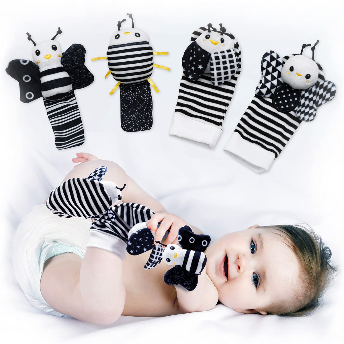 BABY K Baby Rattle Socks & Wrist Toys Set E — Newborn Monochrome Rattles for 0-12 Months
