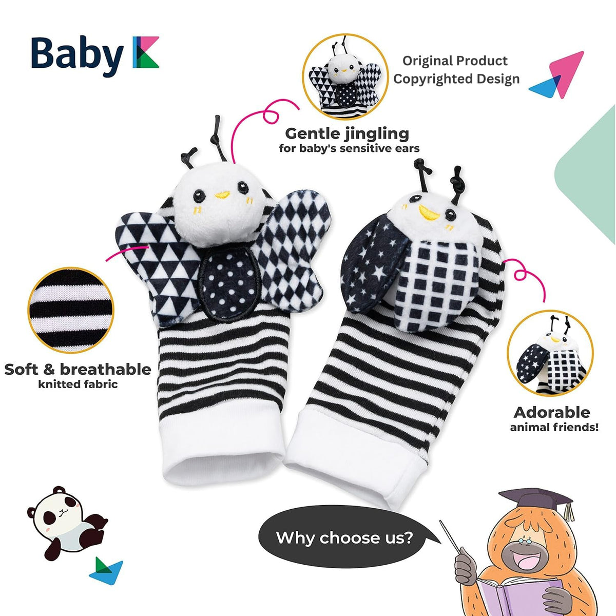 BABY K Baby Rattle Socks & Wrist Toys Set E — Newborn Monochrome Rattles for 0-12 Months