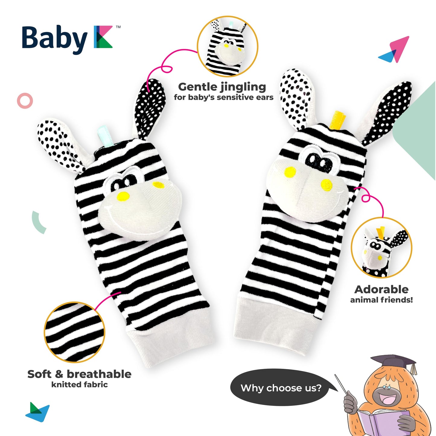 BABY K Foot Finder Socks & Wrist Rattles (Set J) – Newborn Toys for Brain Development & Motor Skills