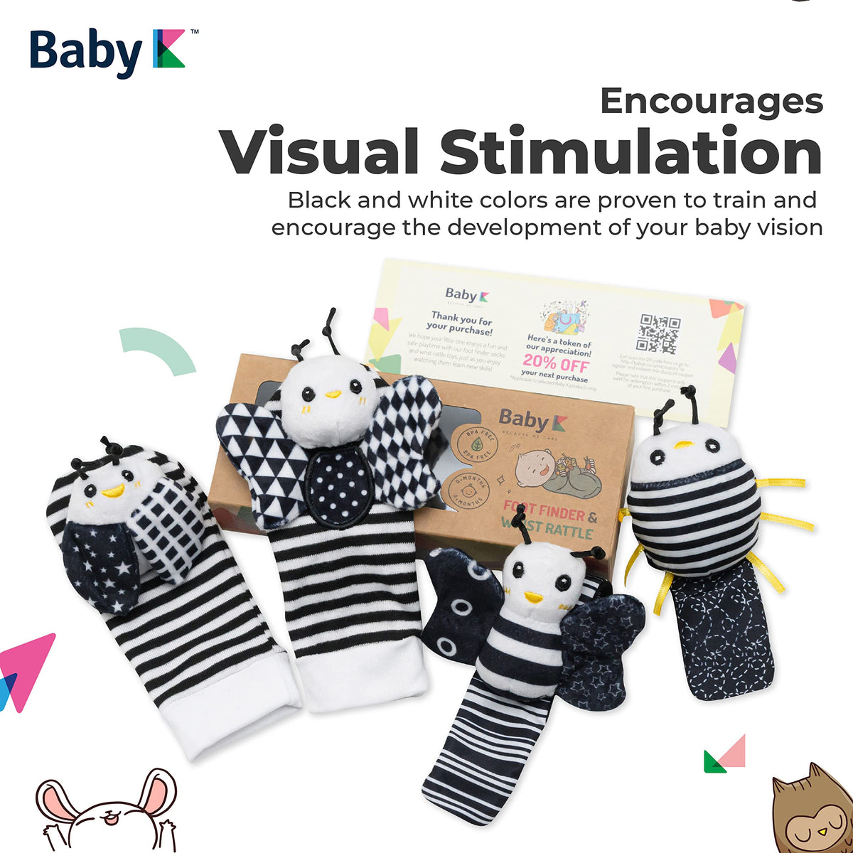 BABY K Baby Rattle Socks & Wrist Toys Set E — Newborn Monochrome Rattles for 0-12 Months