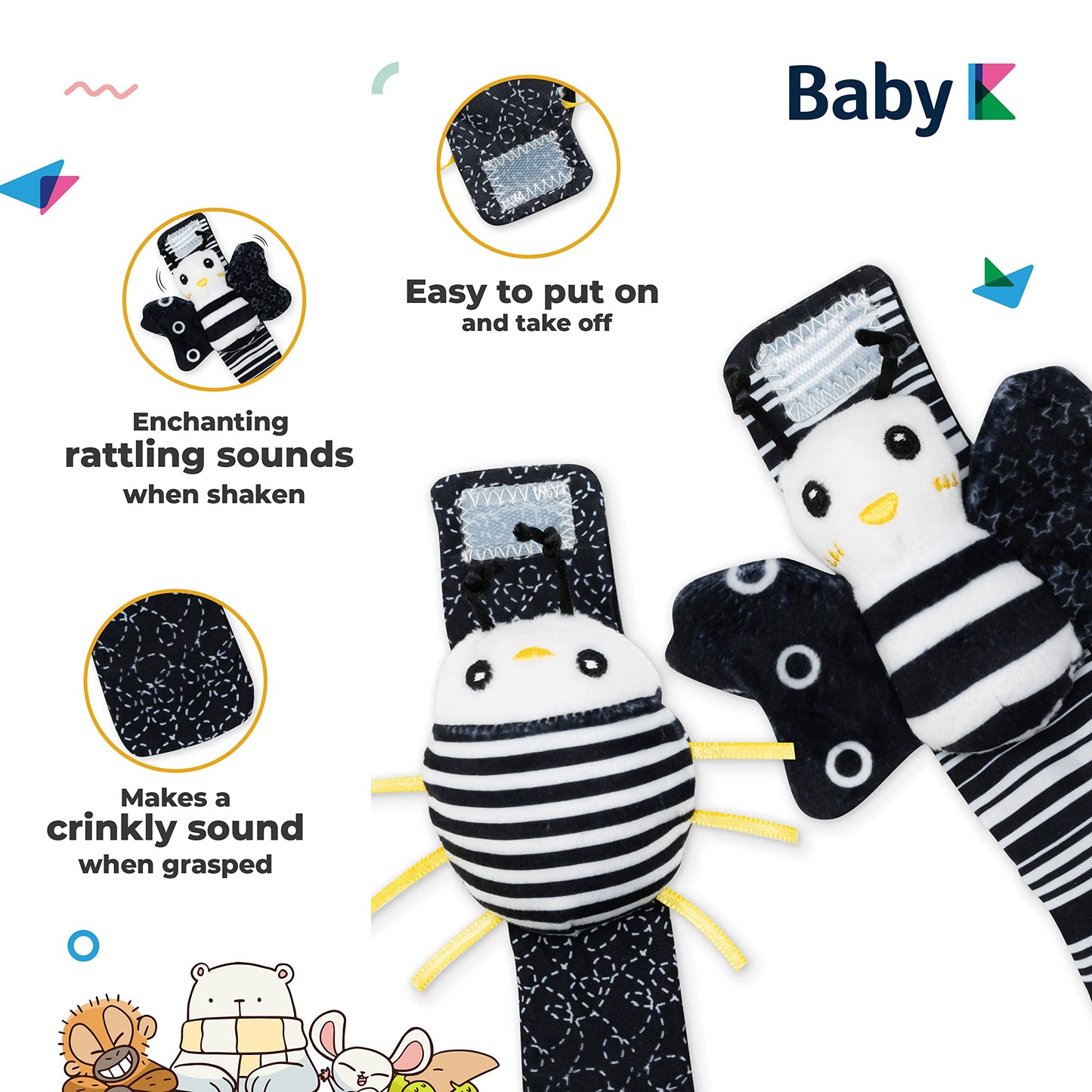 BABY K Baby Rattle Socks & Wrist Toys Set E — Newborn Monochrome Rattles for 0-12 Months