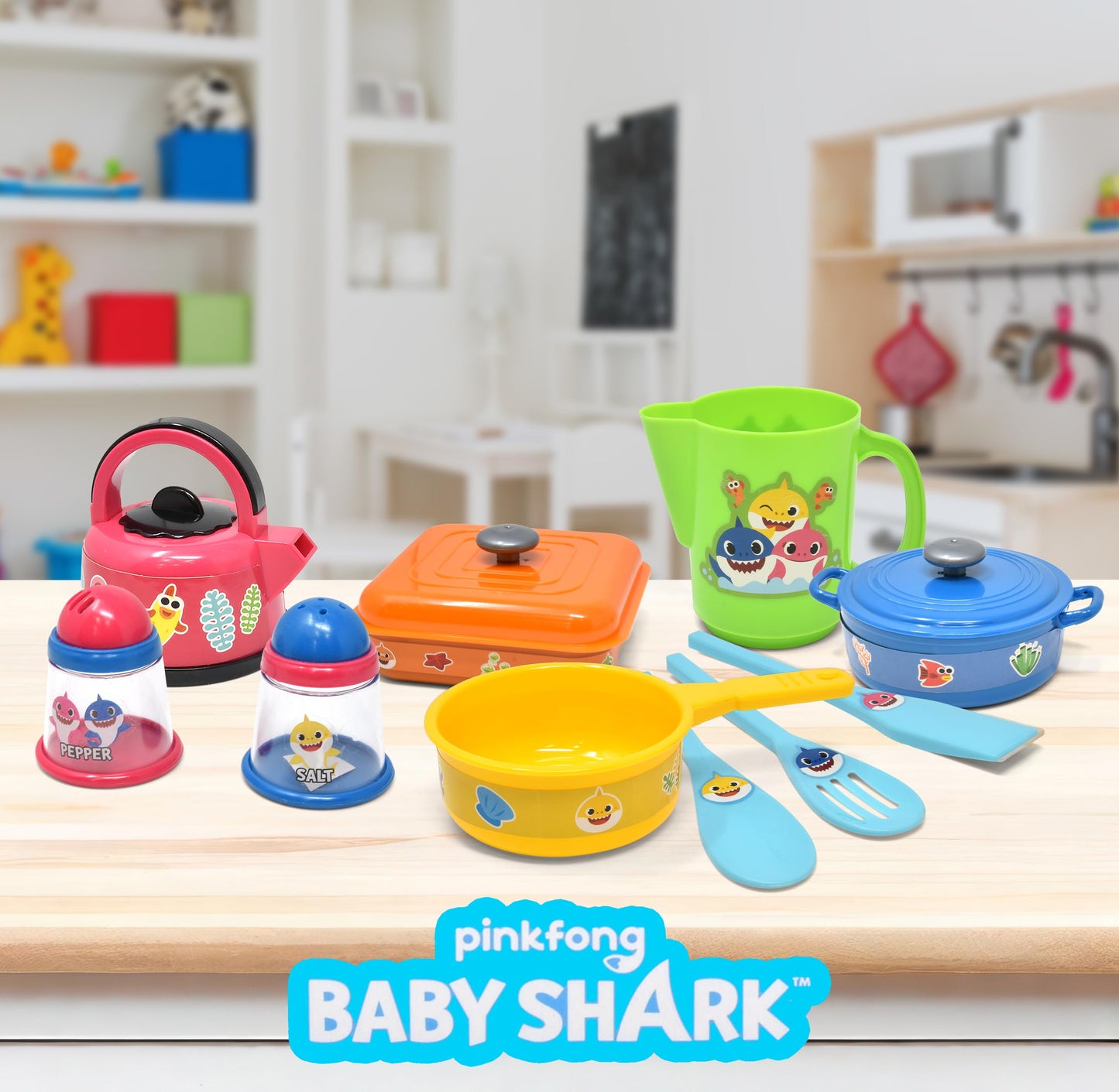Baby Shark Pots and Pans Pretend Play Kitchen Set for Kids | Safe Toy Cooking