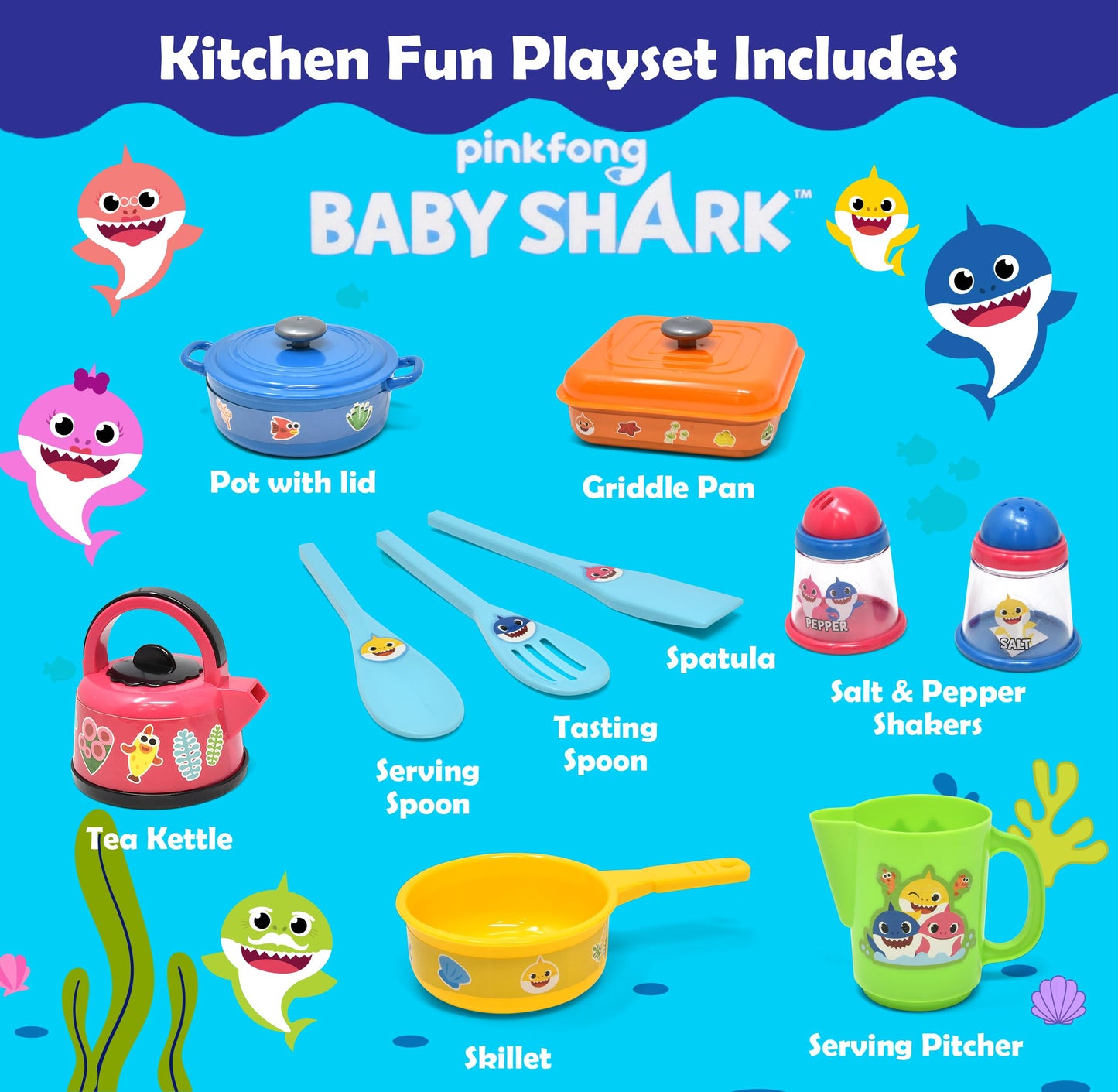 Baby Shark Pots and Pans Pretend Play Kitchen Set for Kids | Safe Toy Cooking