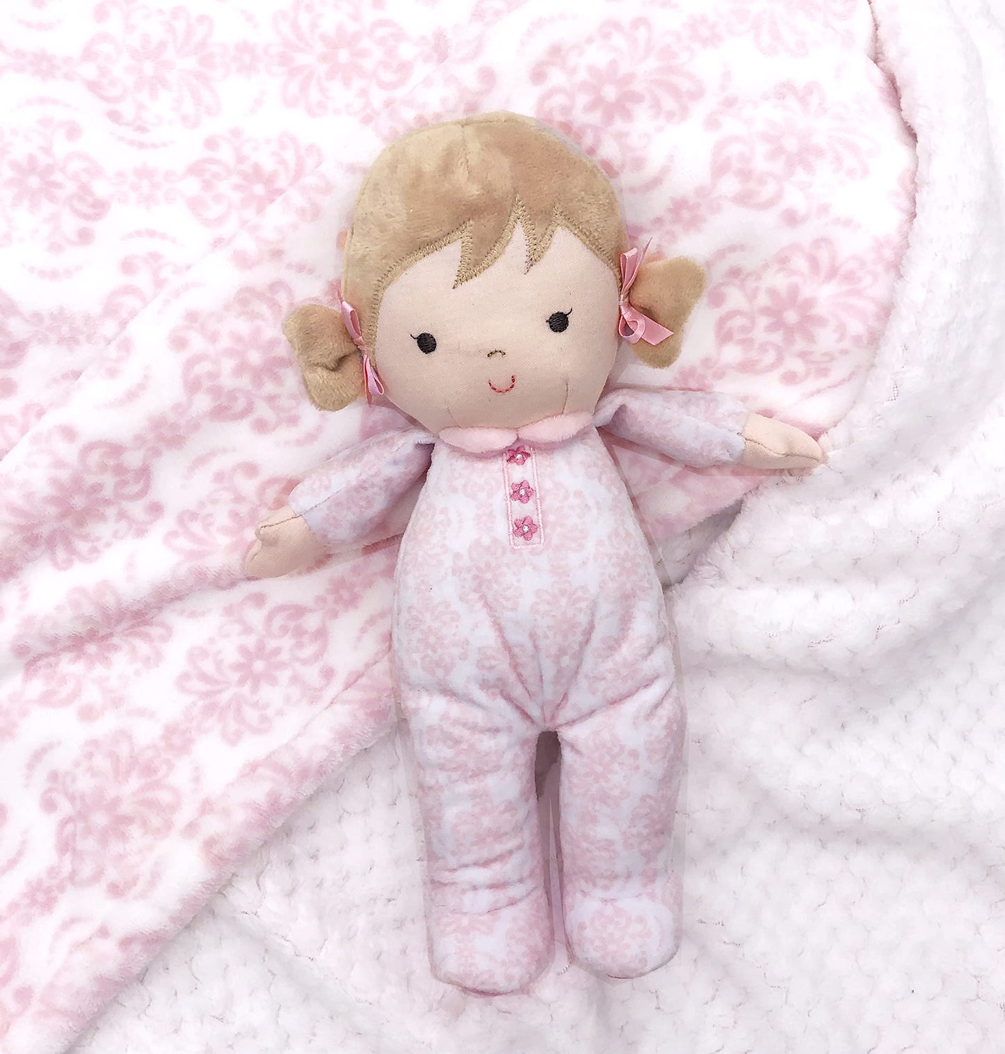 Baby Starters Little Me Plush Brigitte Doll with Rattle (11 inch) – Floral Pink Damask