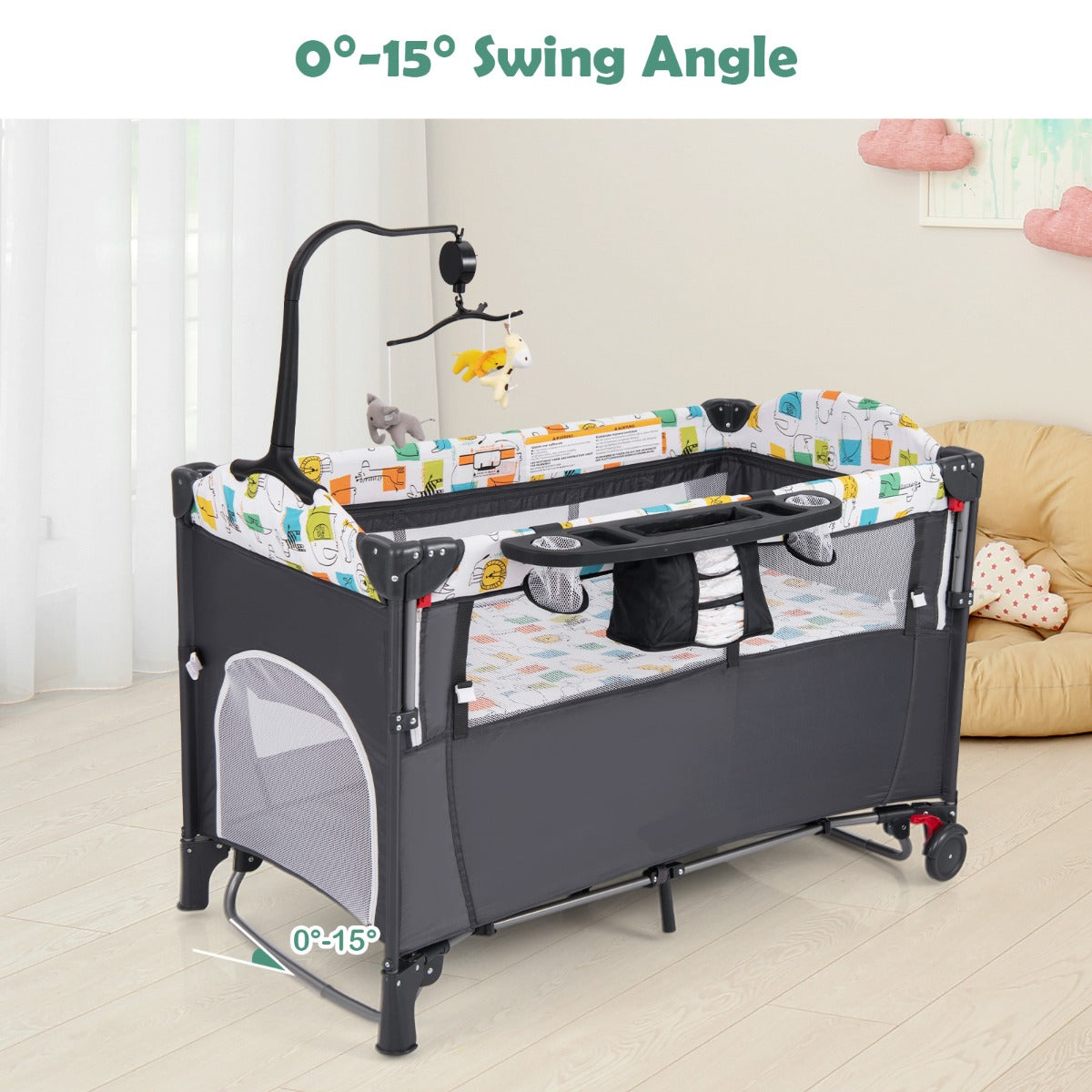 5-in-1 Baby Bassinet Bedside Sleeper with Diaper Changer and Hanging Toys-Black