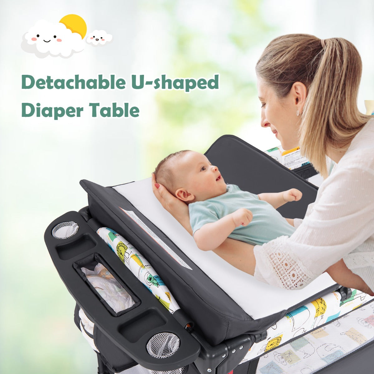 5-in-1 Baby Bassinet Bedside Sleeper with Diaper Changer and Hanging Toys-Black
