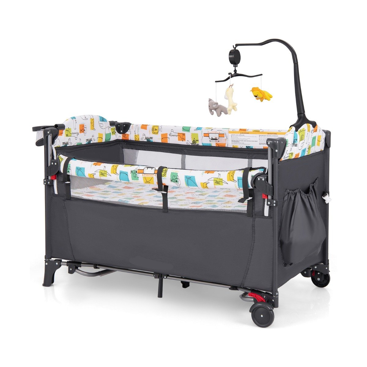 5-in-1 Baby Bassinet Bedside Sleeper with Diaper Changer and Hanging Toys-Black