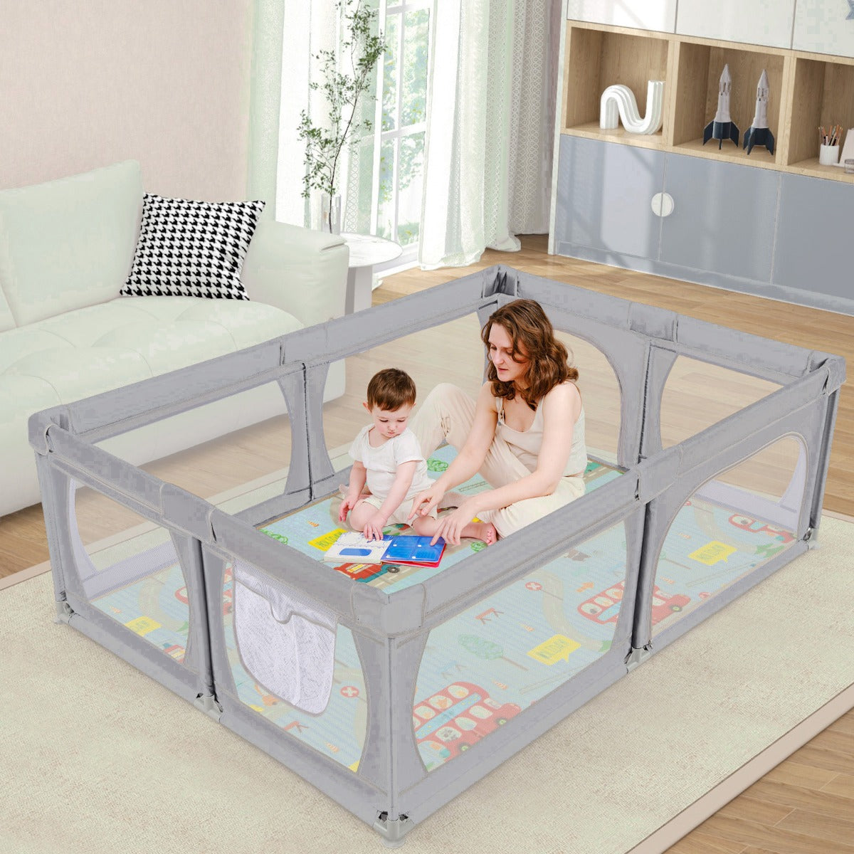 Baby Playpen with Mat and 4 Pull Rings -Dark Grey