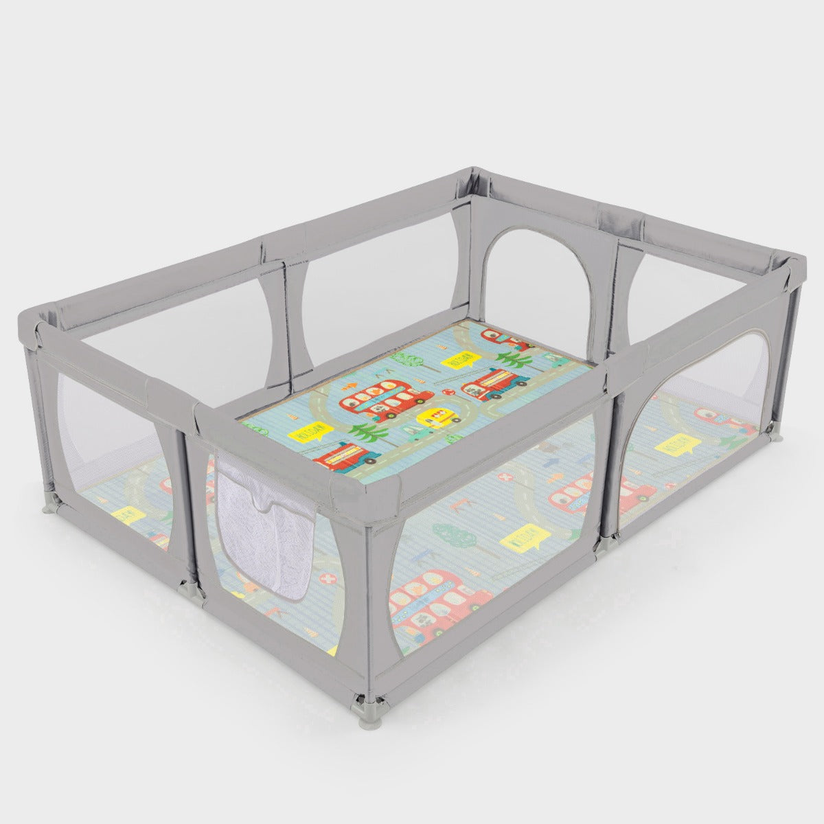 Baby Playpen with Mat and 4 Pull Rings -Dark Grey