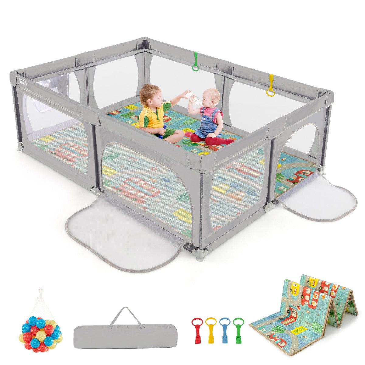 Baby Playpen with Mat and 4 Pull Rings -Dark Grey