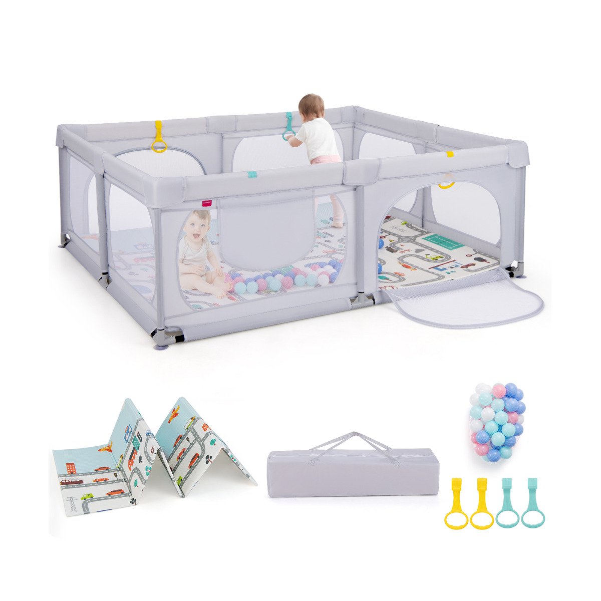 Baby Playpen with Safe Gate and Breathable Mesh-Dark Grey