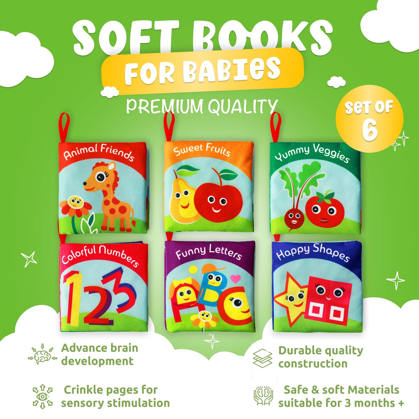 BabyBibi Cloth Books for Babies (Set of 6) – Soft, Durable Books with Crinkle Paper