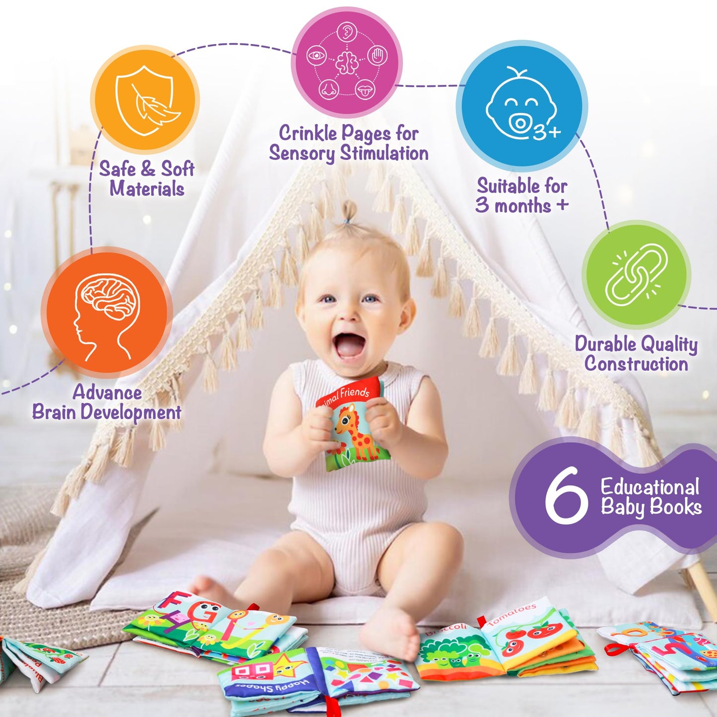 BabyBibi Cloth Books for Babies (Set of 6) – Soft, Durable Books with Crinkle Paper
