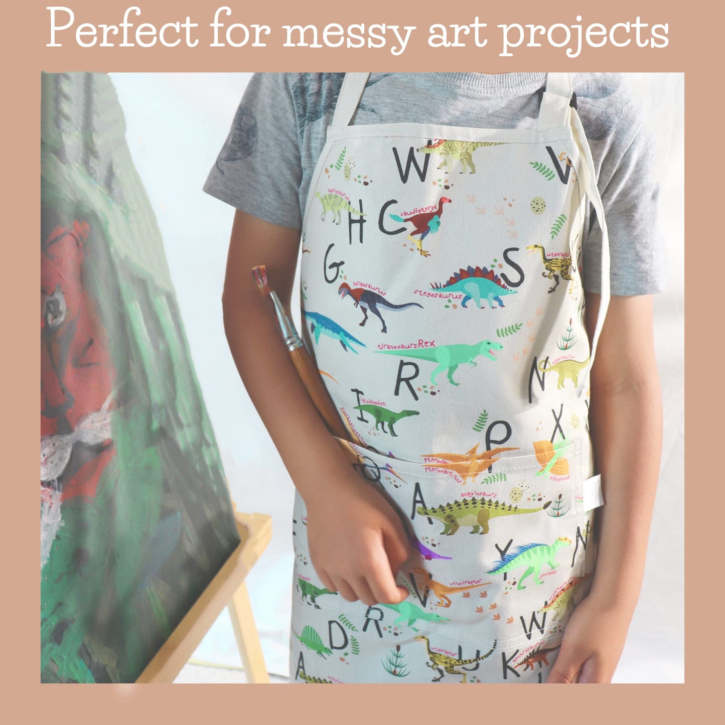 BABYBOET Kids Apron 3-5 yrs – Dinos Alphabet Print, Adjustable Neck, Pocket