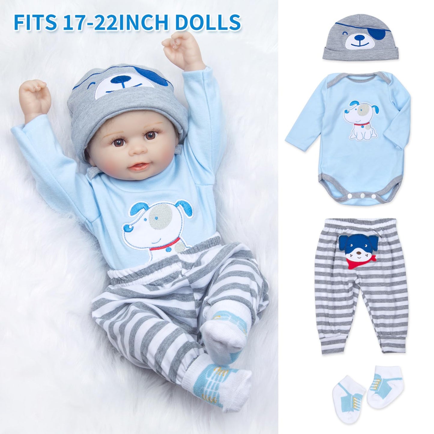 Babyfere 9-Piece Blue Dog Doll Clothes Set for 17-22 Inch Reborn Dolls – Basket, Blanket & Accessories
