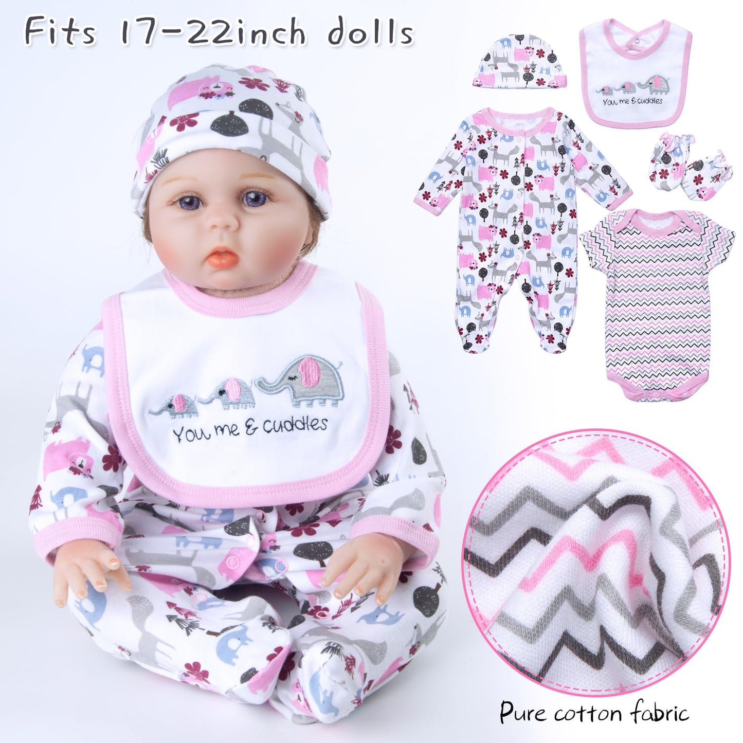 Babyfere 13PCS Reborn Doll Clothes Set for 18-22 Inch Dolls – Pink Elephant Bassinet & Accessories