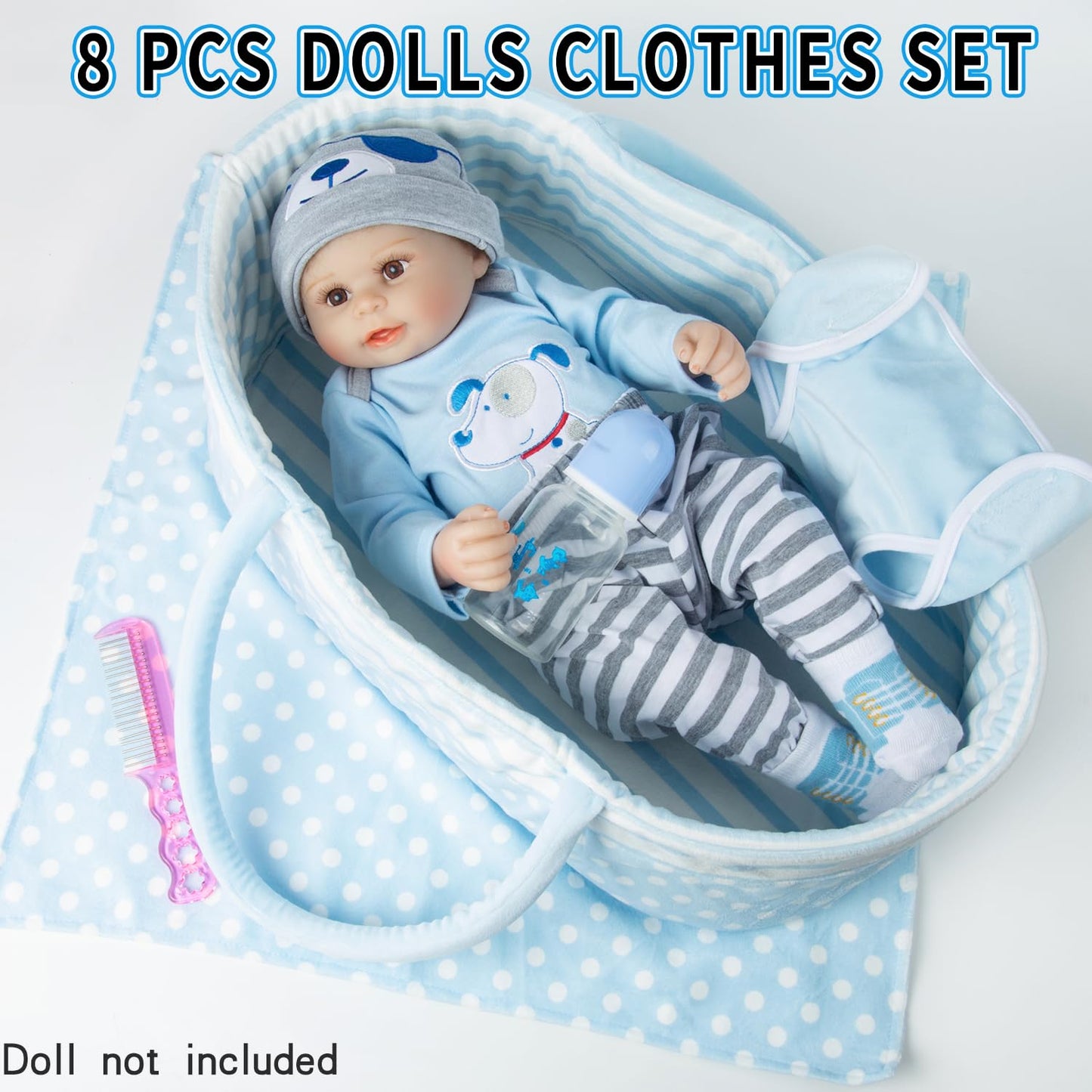 Babyfere 9-Piece Blue Dog Doll Clothes Set for 17-22 Inch Reborn Dolls – Basket, Blanket & Accessories