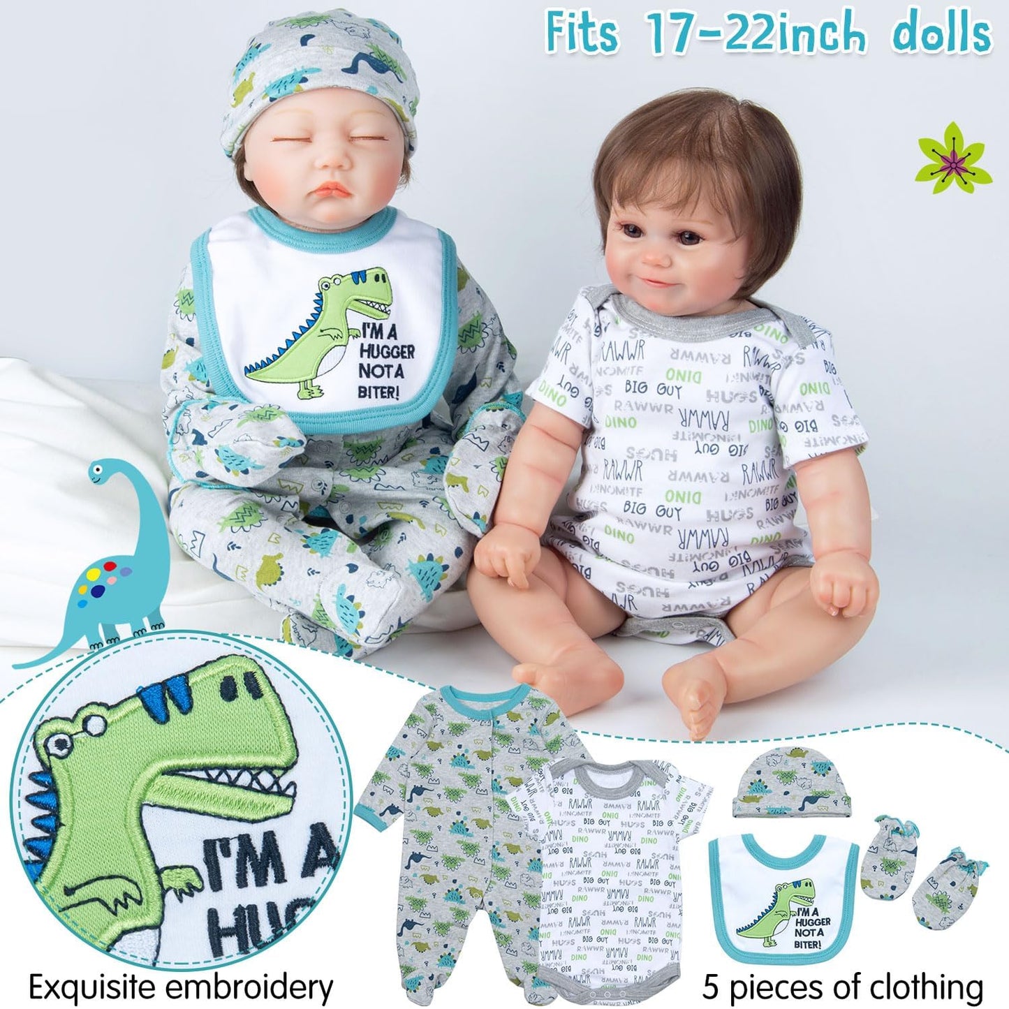 13-Piece Dinosaur Doll Clothes Set for 17-22in Reborn Dolls + Bassinet | Babyfere