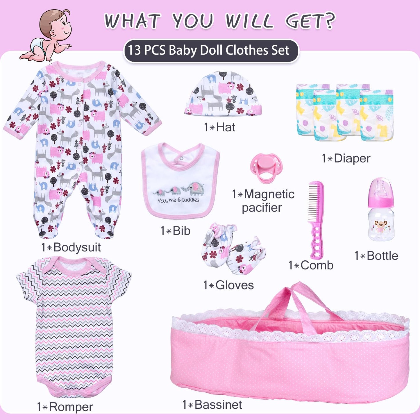 Babyfere 13PCS Reborn Doll Clothes Set for 18-22 Inch Dolls – Pink Elephant Bassinet & Accessories