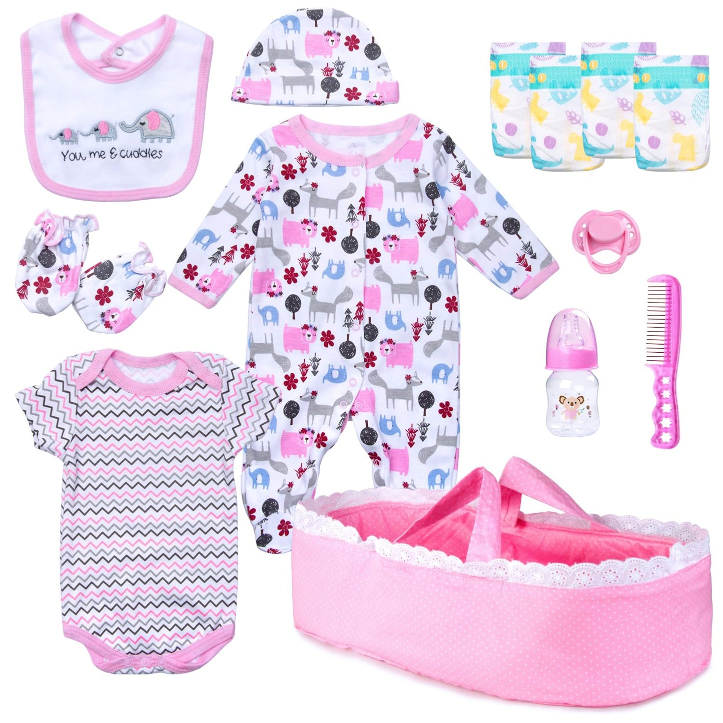 Babyfere 13PCS Reborn Doll Clothes Set for 18-22 Inch Dolls – Pink Elephant Bassinet & Accessories