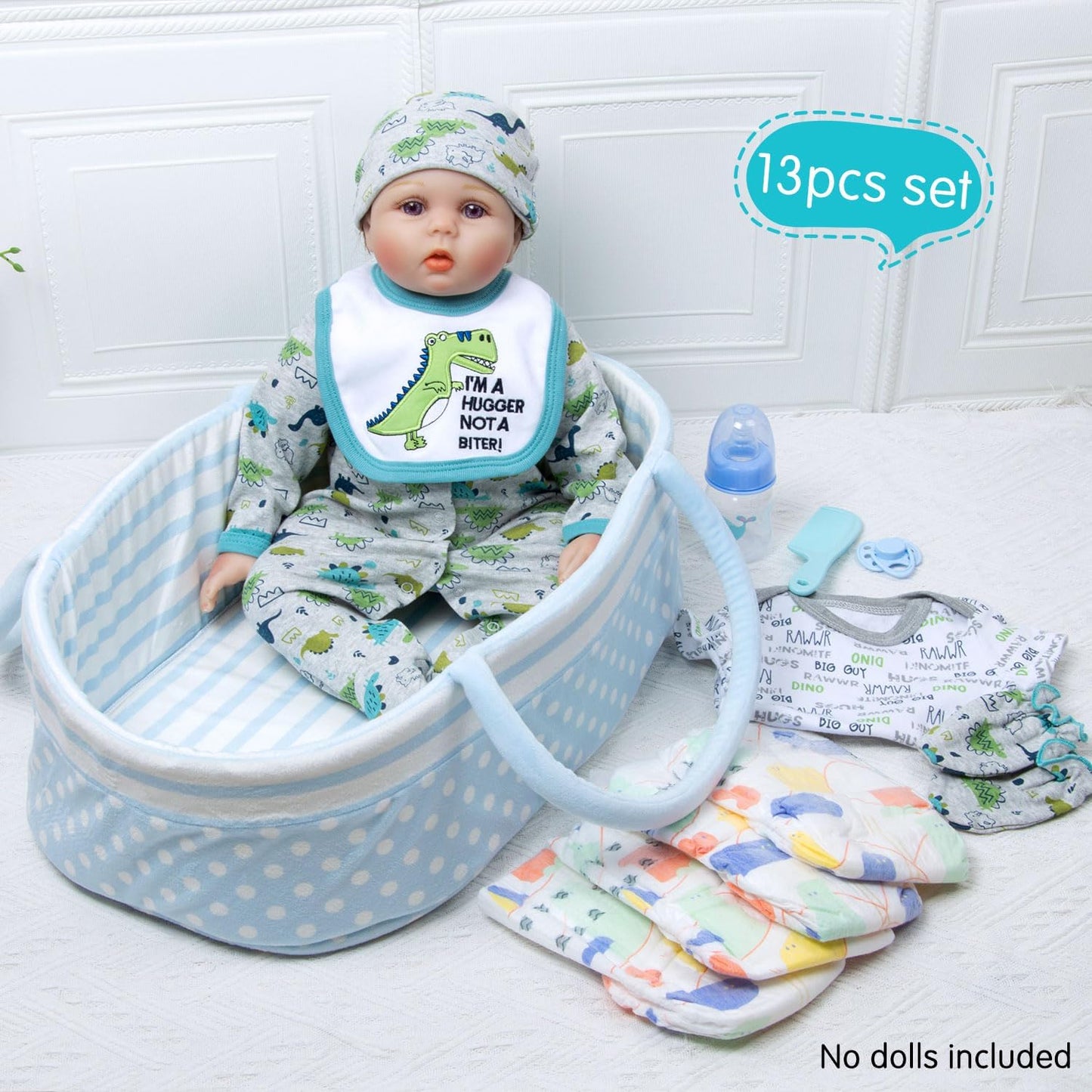 13-Piece Dinosaur Doll Clothes Set for 17-22in Reborn Dolls + Bassinet | Babyfere