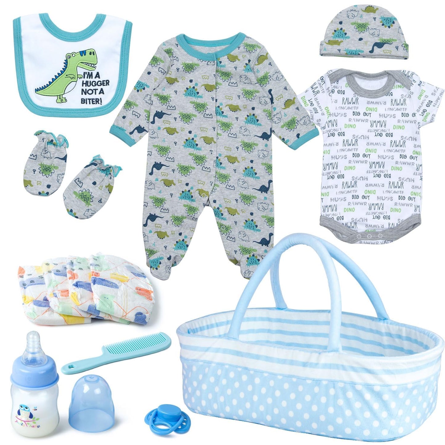 13-Piece Dinosaur Doll Clothes Set for 17-22in Reborn Dolls + Bassinet | Babyfere