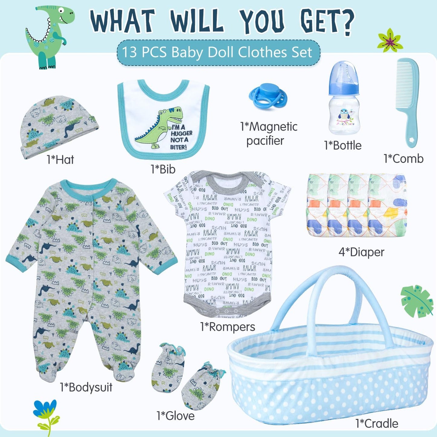 13-Piece Dinosaur Doll Clothes Set for 17-22in Reborn Dolls + Bassinet | Babyfere