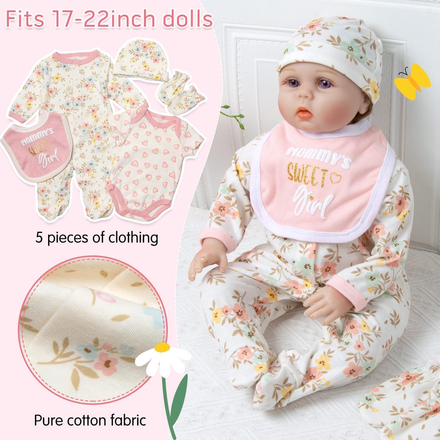Babyfere 13-Pcs Reborn Doll Clothes Set with Bassinet, Pacifier & Diapers for 17-22 Inch Dolls