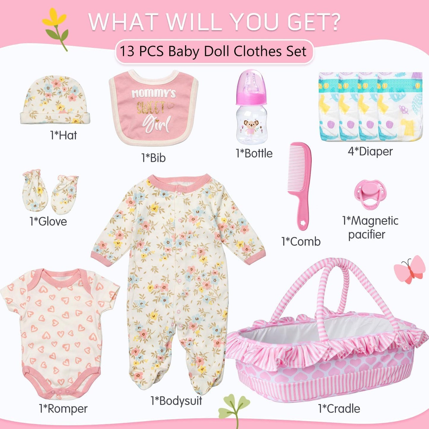 Babyfere 13-Pcs Reborn Doll Clothes Set with Bassinet, Pacifier & Diapers for 17-22 Inch Dolls