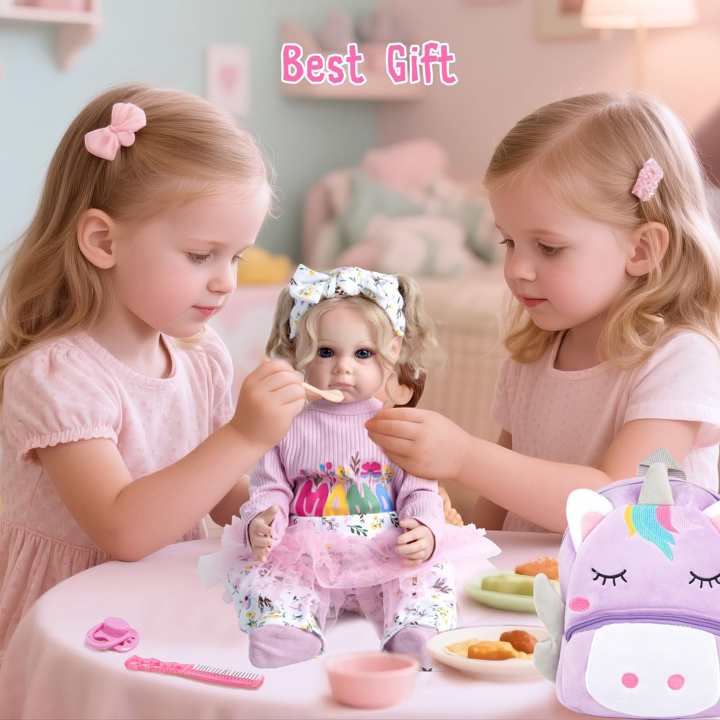 Babyfere 12 Pcs Reborn Doll Clothes Set with Purple Unicorn Backpack for 20-22 Inch Dolls