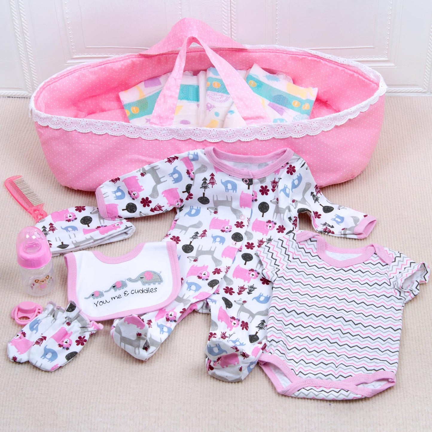 Babyfere 13PCS Reborn Doll Clothes Set for 18-22 Inch Dolls – Pink Elephant Bassinet & Accessories