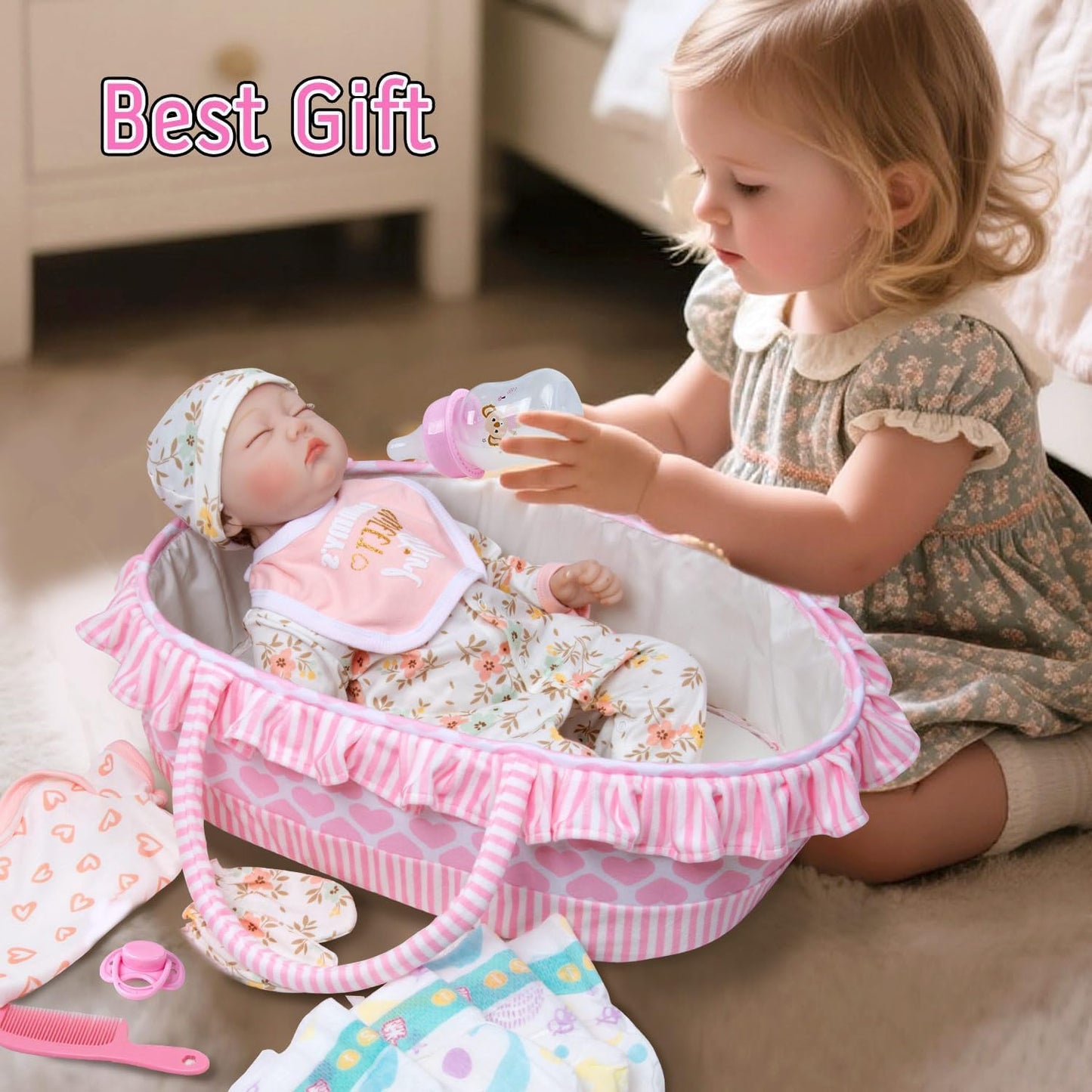 Babyfere 13-Pcs Reborn Doll Clothes Set with Bassinet, Pacifier & Diapers for 17-22 Inch Dolls
