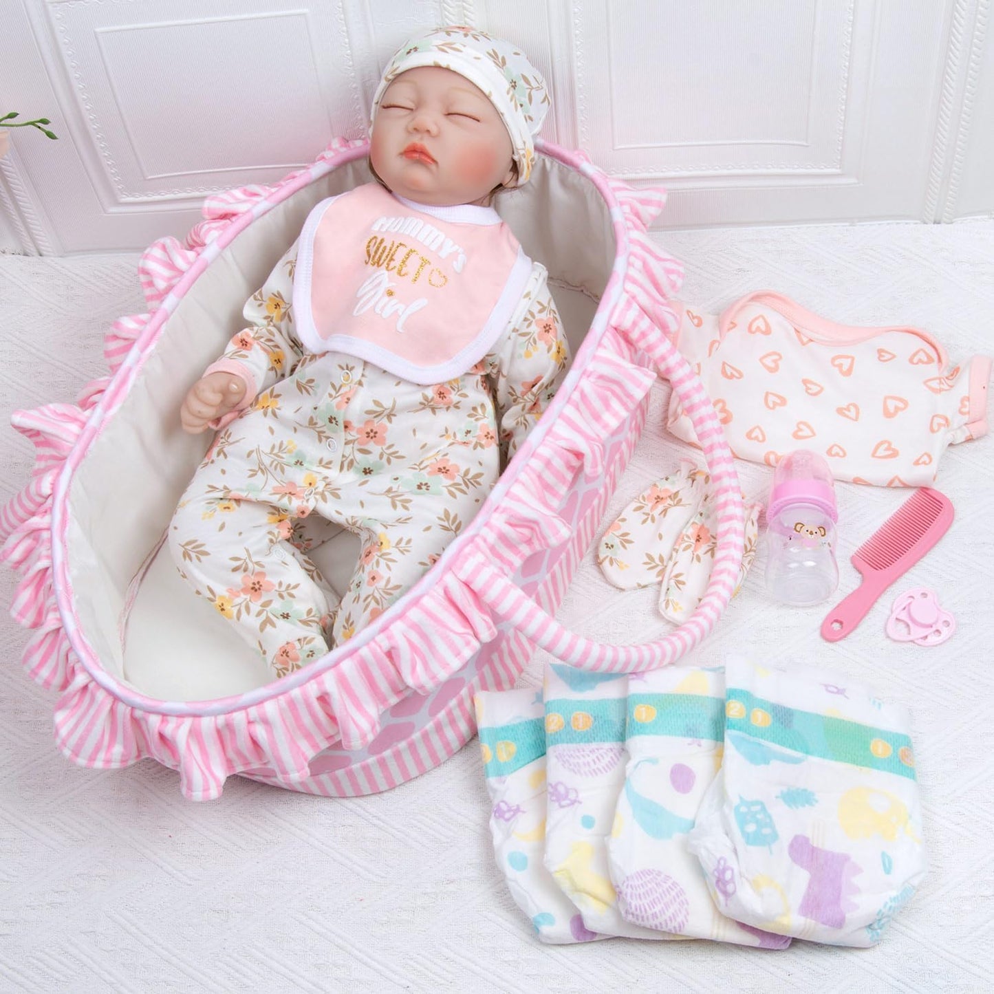 Babyfere 13-Pcs Reborn Doll Clothes Set with Bassinet, Pacifier & Diapers for 17-22 Inch Dolls