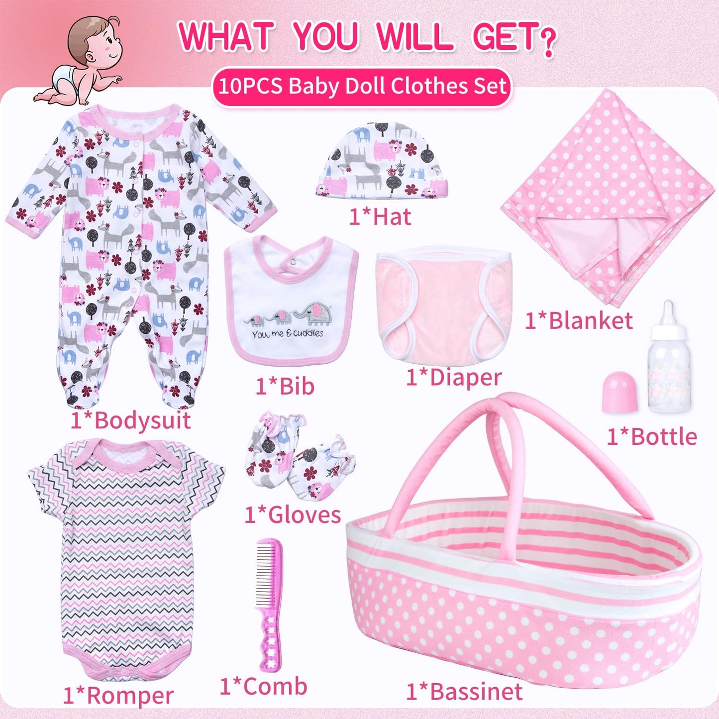 Babyfere 10-Piece Reborn Doll Clothes & Accessories Set - Pink Animal Print (17-22 Inch Dolls)