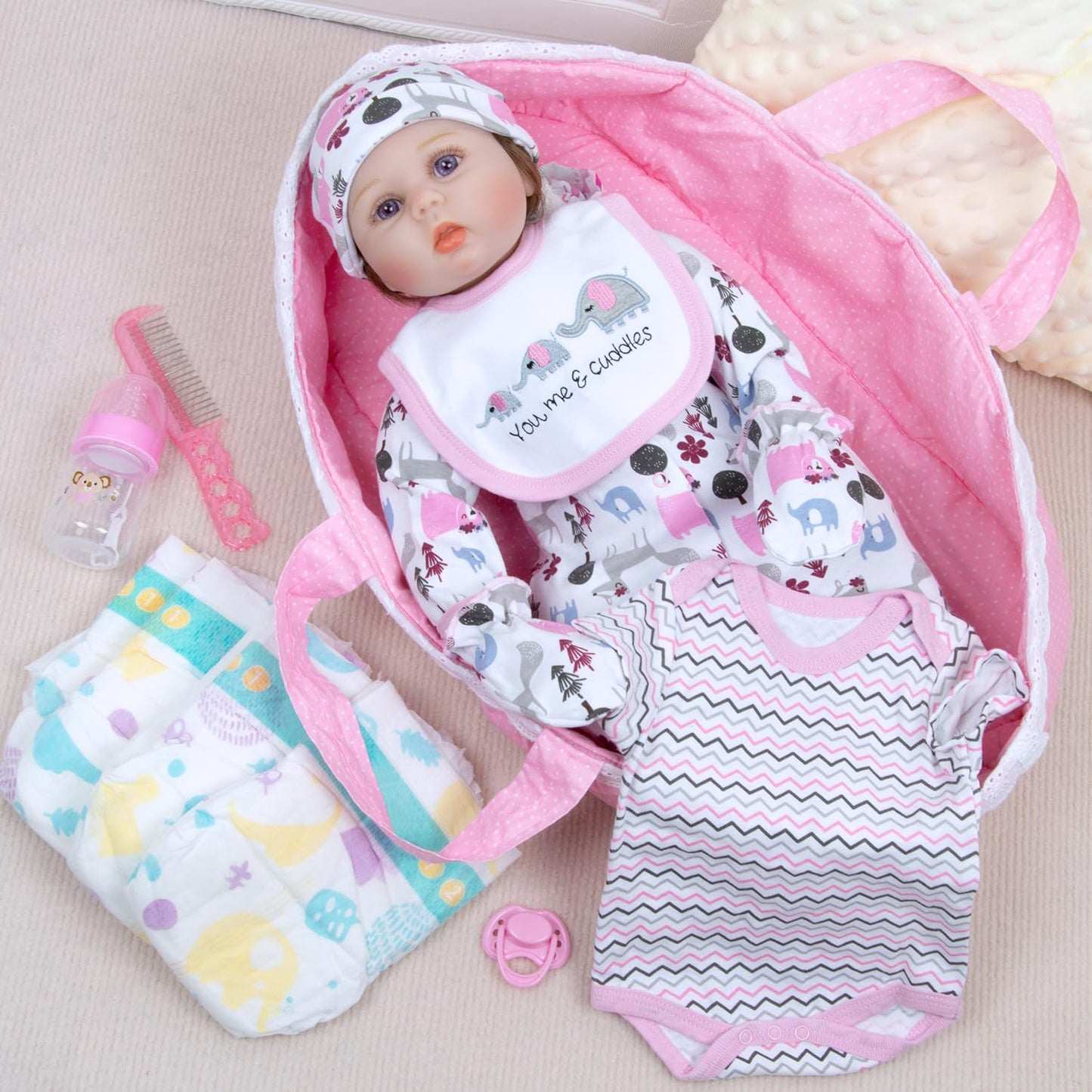 Babyfere 13PCS Reborn Doll Clothes Set for 18-22 Inch Dolls – Pink Elephant Bassinet & Accessories