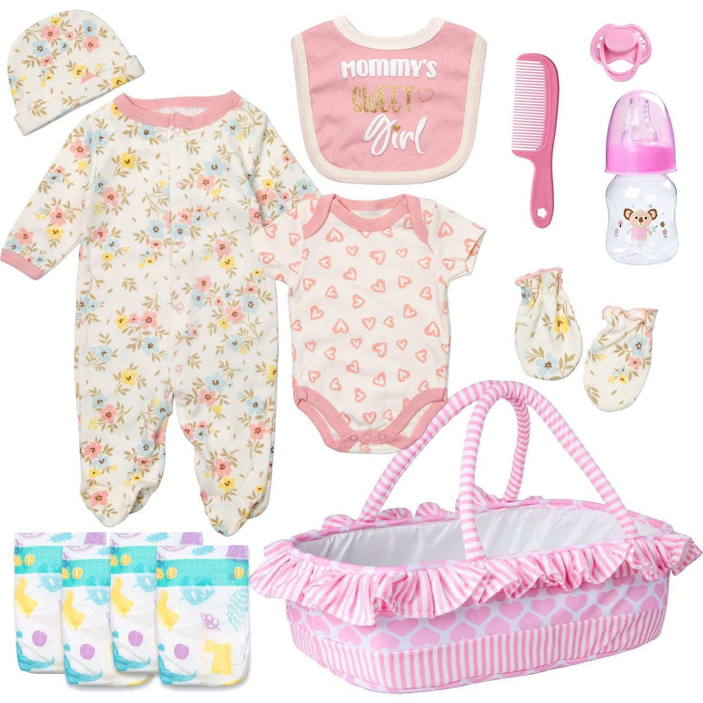 Babyfere 13-Pcs Reborn Doll Clothes Set with Bassinet, Pacifier & Diapers for 17-22 Inch Dolls