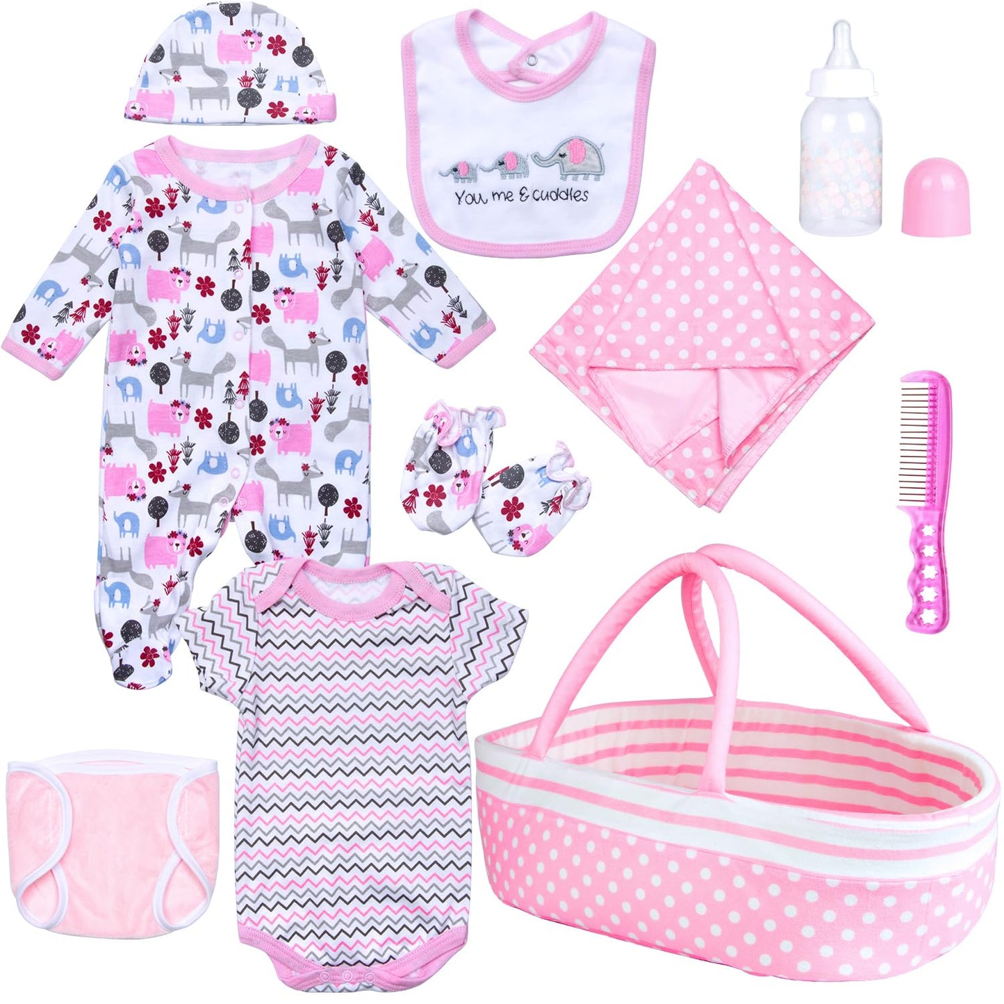 Babyfere 10-Piece Reborn Doll Clothes & Accessories Set - Pink Animal Print (17-22 Inch Dolls)
