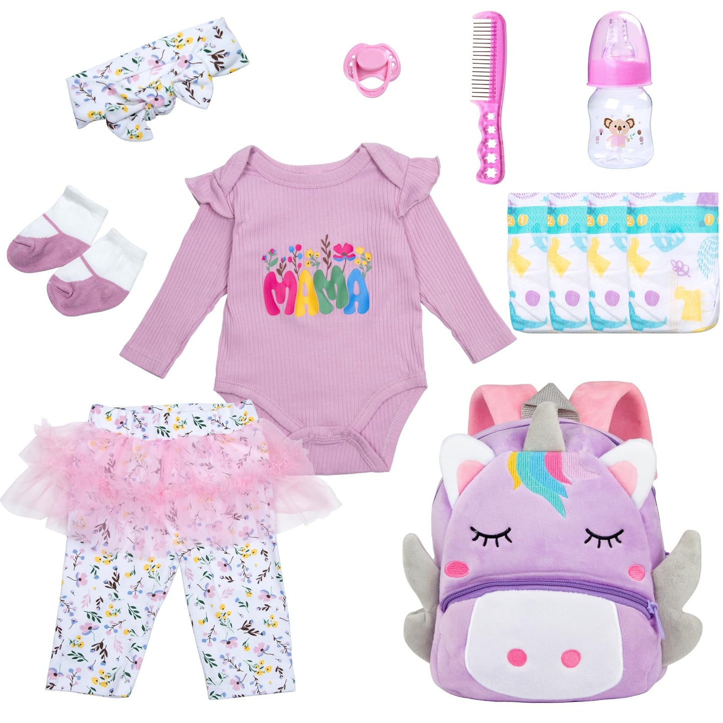 Babyfere 12 Pcs Reborn Doll Clothes Set with Purple Unicorn Backpack for 20-22 Inch Dolls