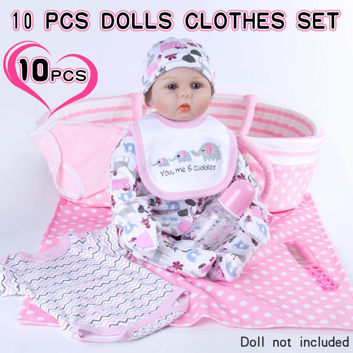 Babyfere 10-Piece Reborn Doll Clothes & Accessories Set - Pink Animal Print (17-22 Inch Dolls)