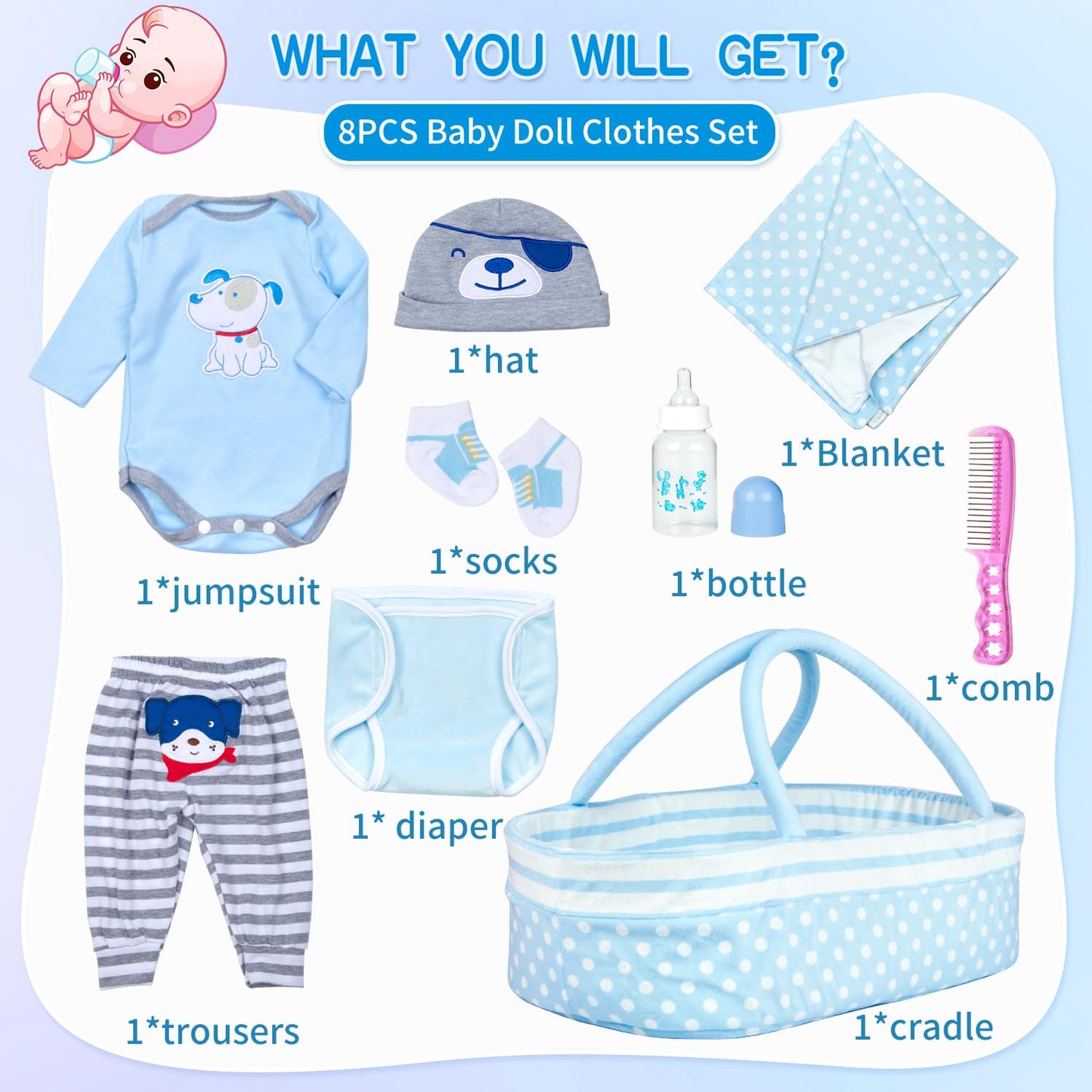 Babyfere 9-Piece Blue Dog Doll Clothes Set for 17-22 Inch Reborn Dolls – Basket, Blanket & Accessories